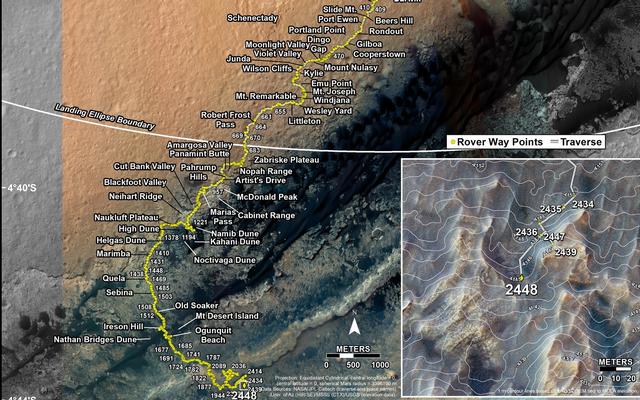 This map shows the route driven by NASA's Mars rover Curiosity through the 2448 Martian day, or sol, of the rover's mission on Mars (June 26, 2019).