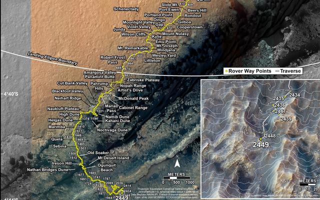This map shows the route driven by NASA's Mars rover Curiosity through the 2449 Martian day, or sol, of the rover's mission on Mars (June 27, 2019).