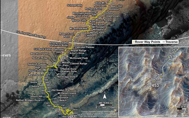 This map shows the route driven by NASA's Mars rover Curiosity through the 2453 Martian day, or sol, of the rover's mission on Mars (July 01, 2019).