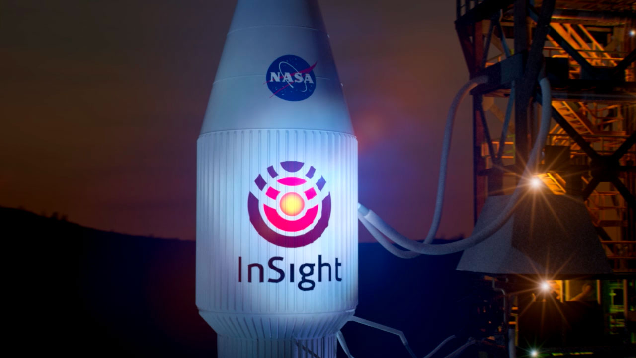 InSight rocket on the launch pad at night