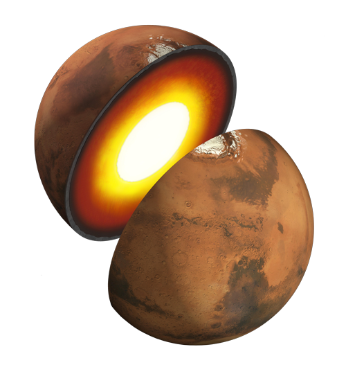 Artist's rendition showing the inner structure of Mars. The topmost layer is known as the crust, underneath it is the mantle, which rests on a solid inner core. 