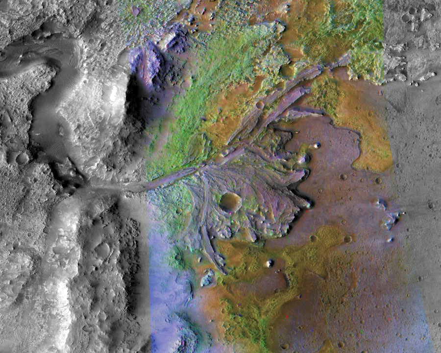 Resti dell&#8217;antico delta fluviale all&#8217;interno del Cratere Jezero visti dal Mars Express Orbiter dell&#8217;ESA. Credits: ESA / NASA