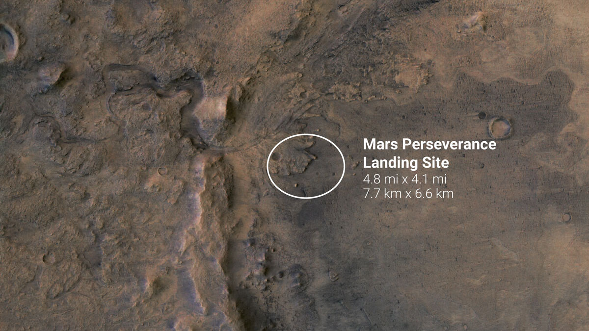 The white circle near the center of this image of Mars represents the location where NASA's Perseverance rover is expected to land.