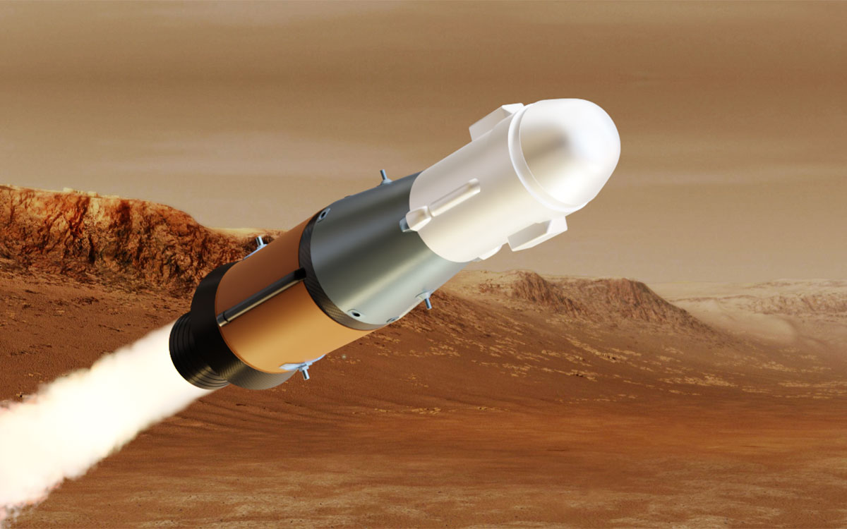 This illustration shows NASA's Mars Ascent Vehicle (MAV) in powered flight after being launched from Mars' surface.