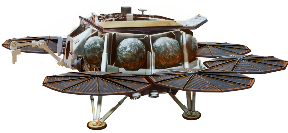 This cutout concept illustration of the Mars Sample Retrieval Lander shows five flat multi-sided solar panels, two of its tripod-style legs, a white arm mechanism protruding from the left side, and three fueling tanks, plus part of a fourth tank.