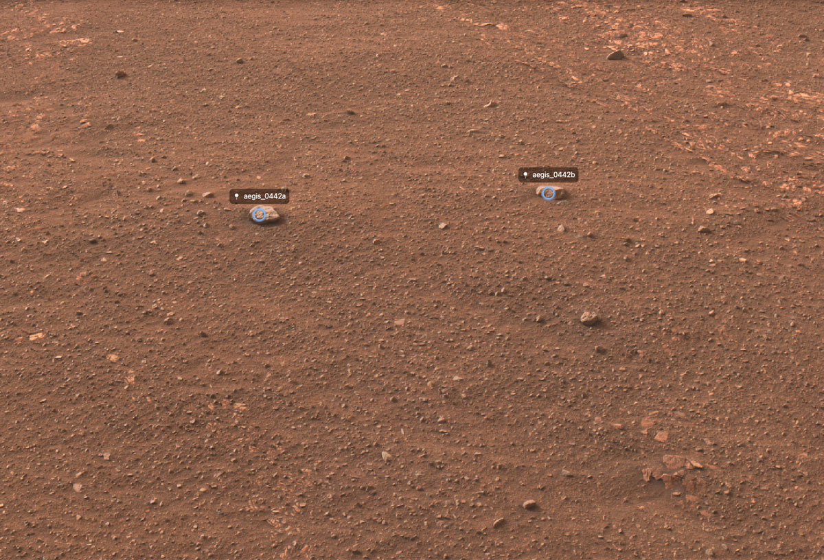 Figure A shows a view from a distance of the each of the two rocks that AEGIS targeted, with annotations for the names given to each target. AEGIS_0442B is on the right.