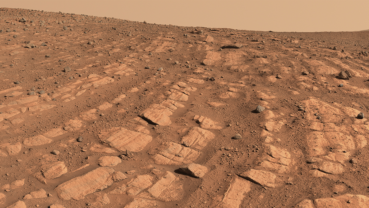 A view of Mars landscape shows a series of curving bands of low-lying rock on the brownish surface, which scientists believe were formed by rushing water in ancient times. Mars sky is at the top.