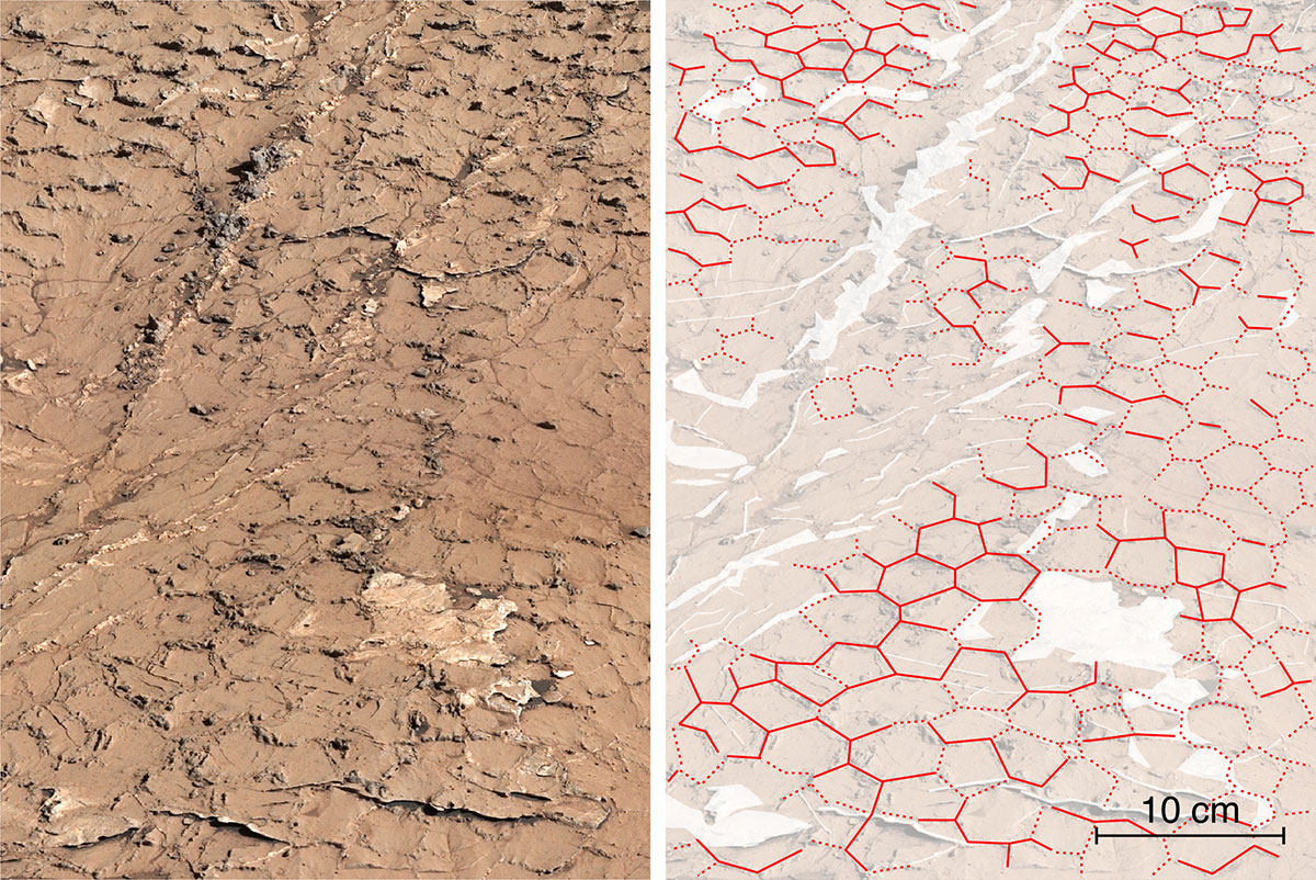 Figure B shows another close-up of the mud cracks alongside the same image with the hexagonal shapes outlined in red.