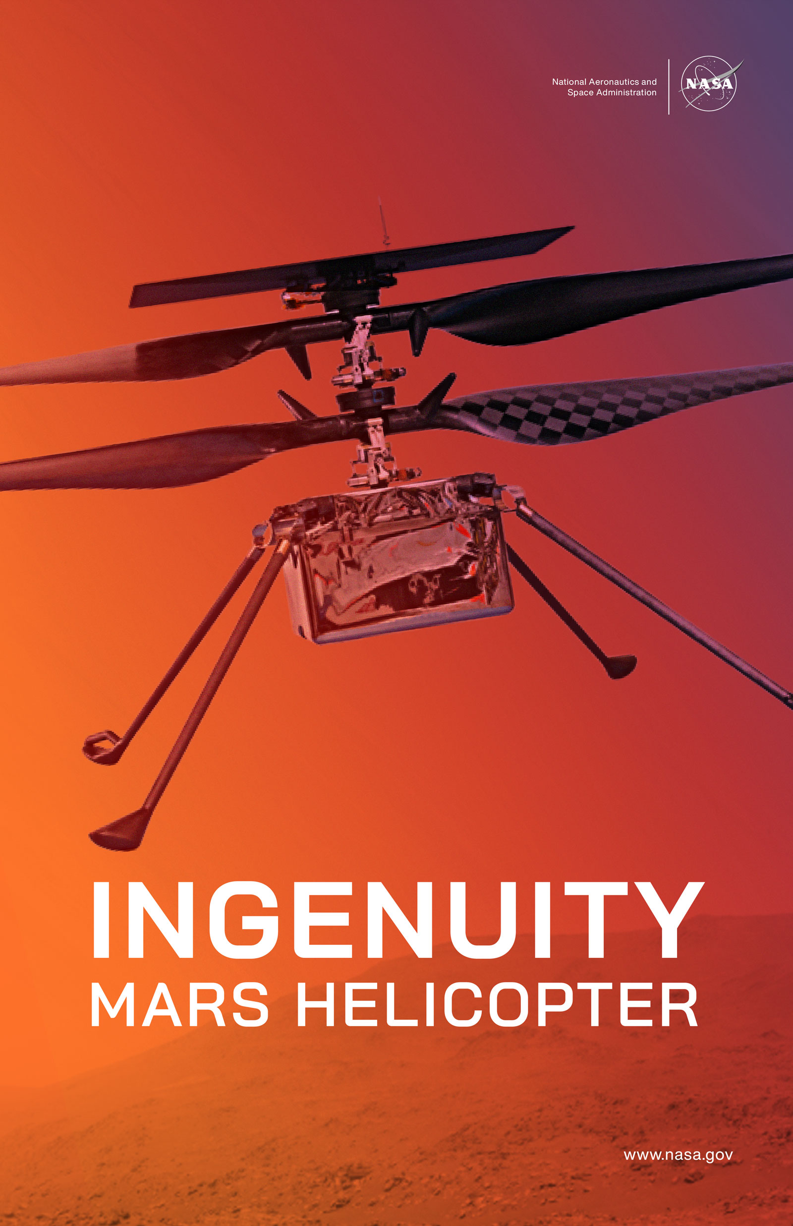 Celebrate the accomplishments of NASA’s Ingenuity Mars Helicopter with a vertical or horizontal poster illustration depicting the first helicopter on the Red Planet. 