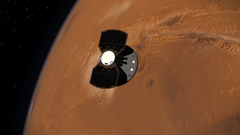 This artist's impression shows InSight traveling to Mars.