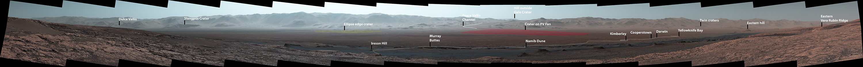 Wide-Angle Panorama from Ridge in Mars' Gale Crater (Labeled)