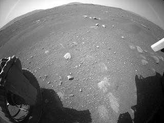 View image taken on Mars, Mars Perseverance Sol 1: Rear Left Hazard Avoidance Camera (Hazcam)