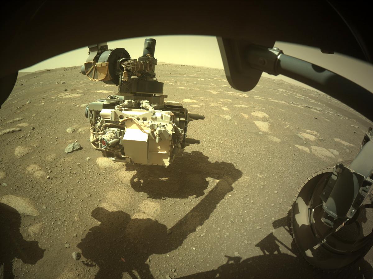 This image was taken by FRONT_HAZCAM_RIGHT_A onboard NASA's Mars rover Perseverance on Sol 38
