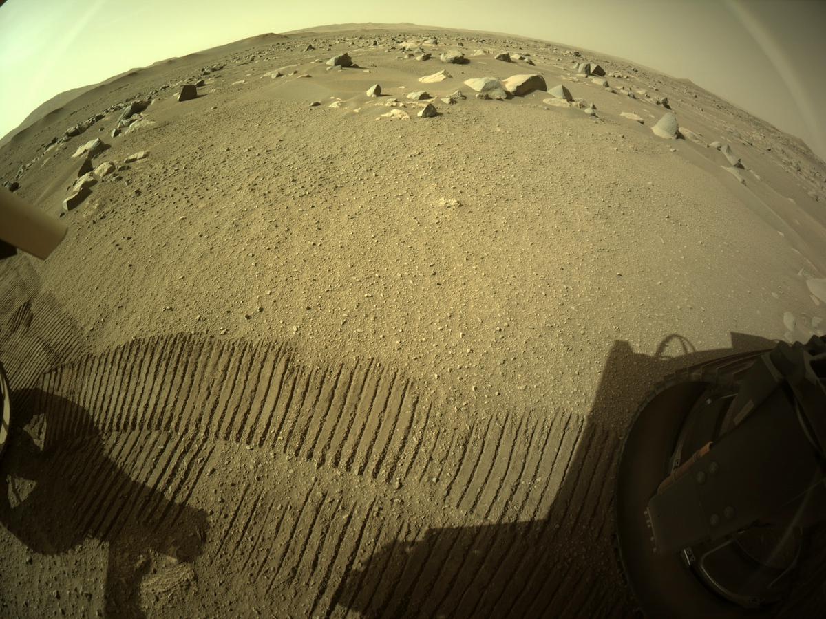 This image was taken by REAR_HAZCAM_RIGHT onboard NASA's Mars rover Perseverance on Sol 49