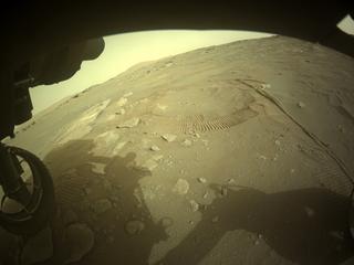 View image taken on Mars, Mars Perseverance Sol 329: Front Left Hazard Avoidance Camera (Hazcam)