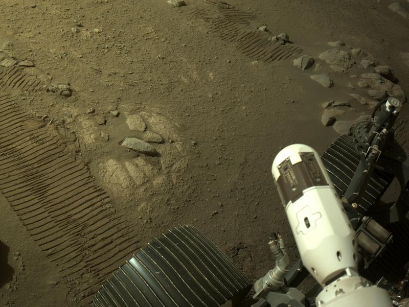 A view from Perseverance showing the rover, Martian dirt, rocks and Percy’s tracks. Image Credit: NASA