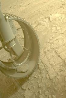 View image taken on Mars, Mars Perseverance Sol 584: Front Left Hazard Avoidance Camera (Hazcam)