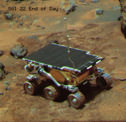 Sojourner, after the placing its APXS in the dark soil surrounding the rock named Lamb.
