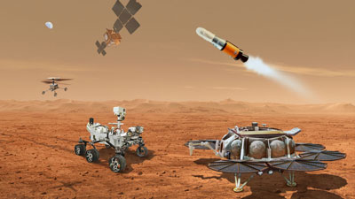 Illustration shows the concept for multiple robots to team up to bring Mars samples back to Earth. Depicted are the Perseverance rover, a helicopter, orbiter, lander, and vehicle to launch off Mars.