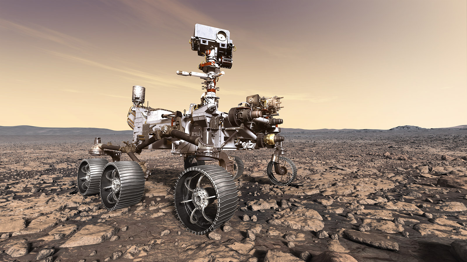 slide 2 - This artist's rendition depicts NASA's Mars 2020 rover studying its surroundings.