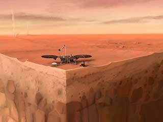 In this artist's concept of NASA's InSight lander on Mars, layers of the planet's subsurface can be seen below and dust devils can be seen in the background.
