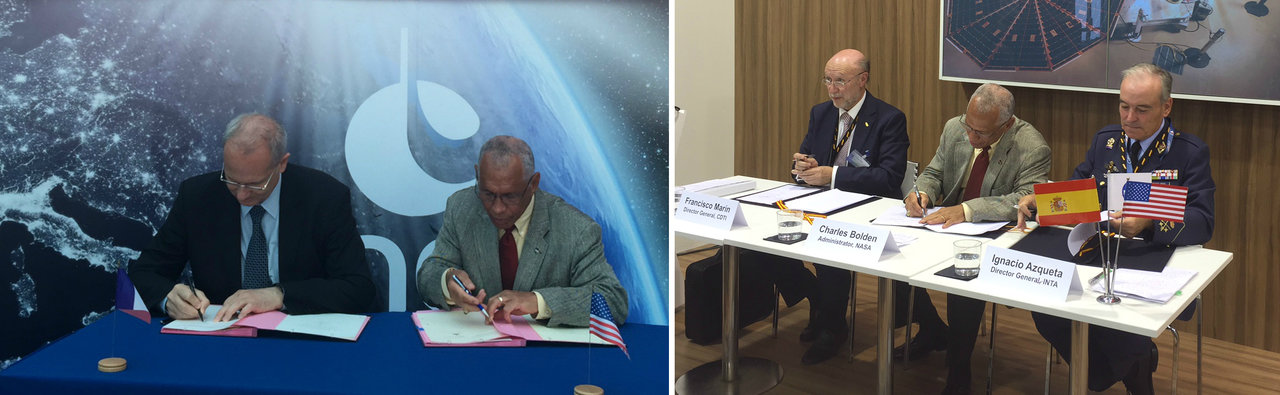 To advance our journey to Mars through continued international cooperation, NASA Administrator Charles Bolden signed agreements Tuesday, June 16, 2015 with Jean-Yves Le Gall, president of the French space agency Centre National d’Etudes Spatiales, Francisco Marín Pérez, director general of the Center for the Development of Industrial Technology of Spain, and Ignacio Azqueta Ortiz, director general of the National Institute for Aerospace Technology. Credits: NASA
