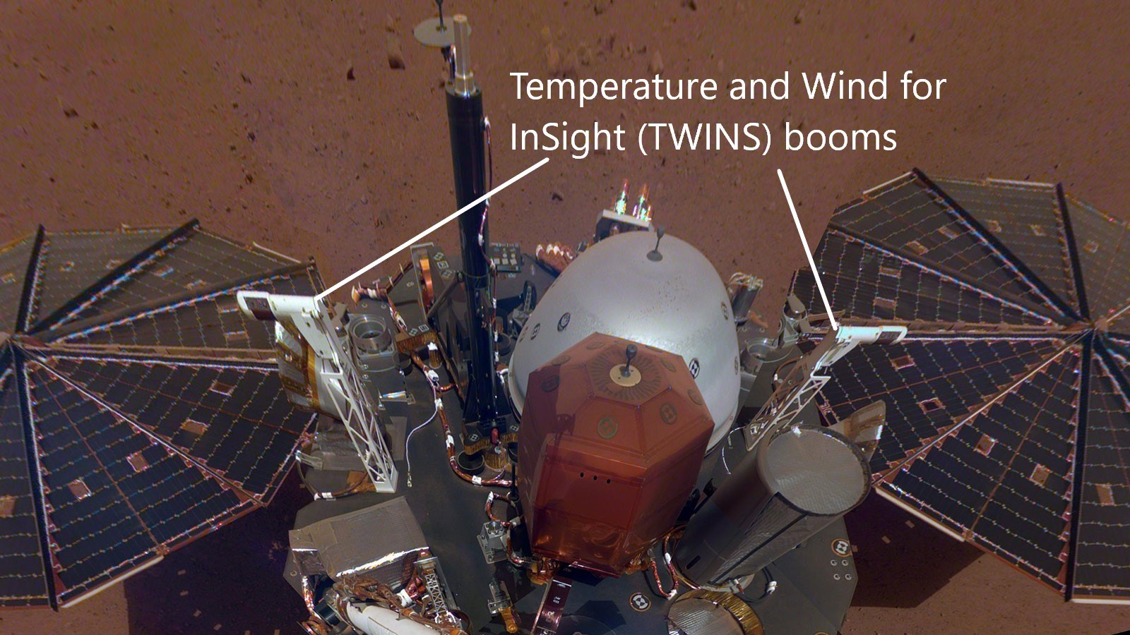 The white east- and west-facing booms — called Temperature and Wind for InSight, or TWINS — on the deck of NASA's InSight lander belong to its suite of weather sensors.