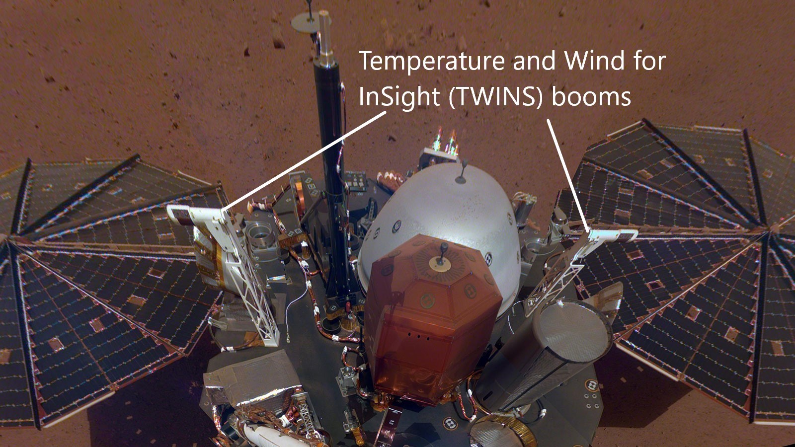 The white east- and west-facing booms — called Temperature and Wind for InSight, or TWINS — on the deck of NASA's InSight lander belong to its suite of weather sensors. 