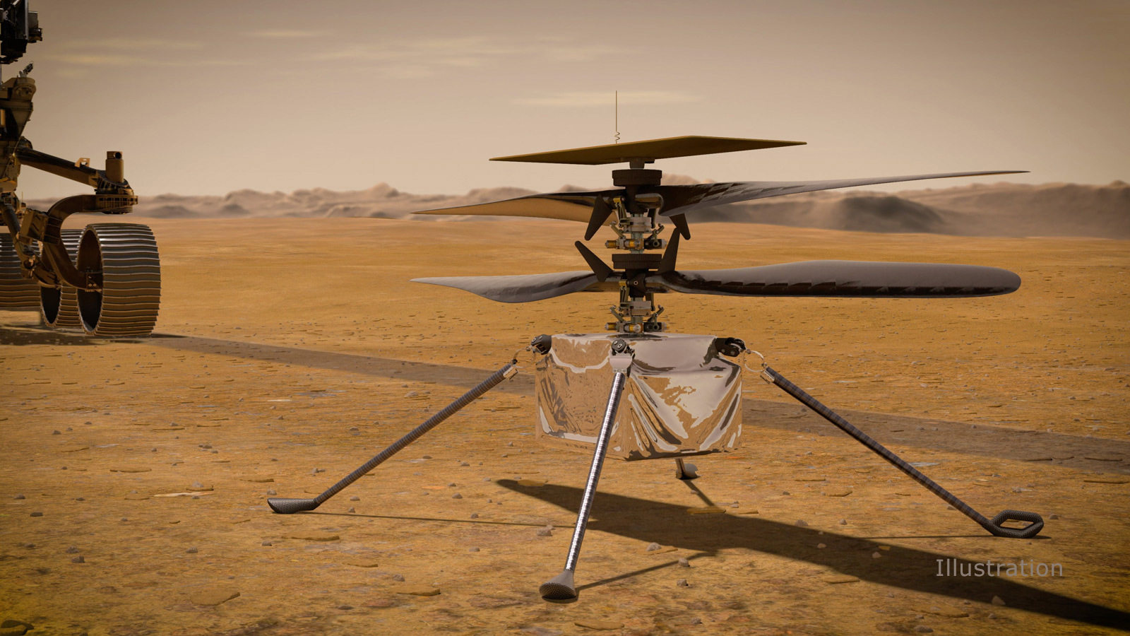 Ingenuity Mars Helicopter on the Martian Surface (Artist's Concept): In this illustration, NASA's Ingenuity Mars Helicopter stands on the Red Planet's surface as NASA's Perseverance rover (partially visible on the left) rolls away. Credits: NASA/JPL-Caltech. Full image and caption ›