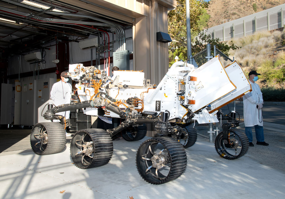 Photo taken of Perseverance Mars rover's twin rover OPTIMISM, the vehicle is used for testing commands before they are sent to Mars.