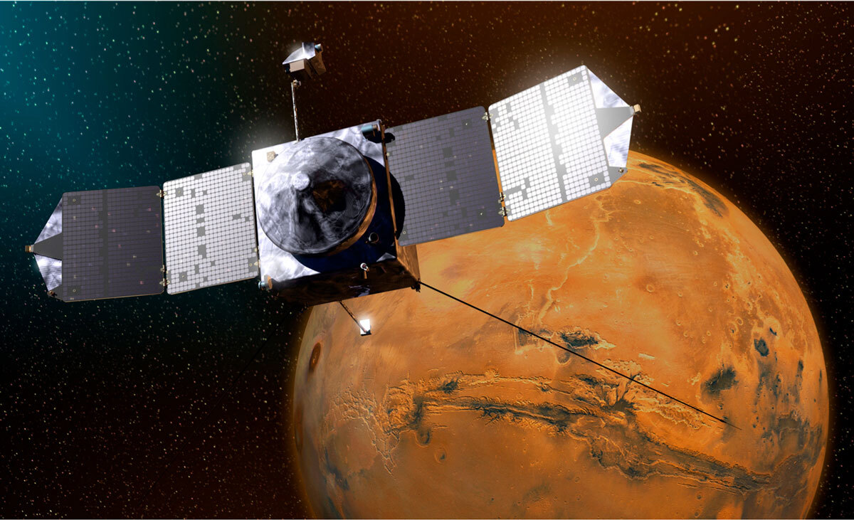 This is an artist rendition of NASA's Mars Atmosphere and Volatile Evolution, or MAVEN spacecraft orbiting Mars.