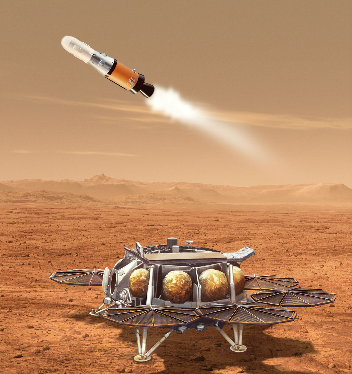 This illustration shows a concept for a proposed NASA Mars lander-and-rocket combination that would play a key role in returning to Earth samples of Mars material collected by the Perseverance rover.