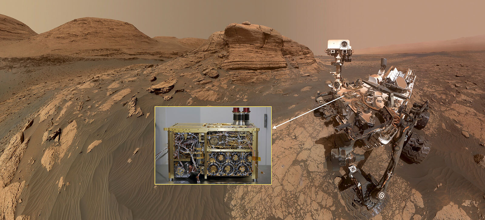 “Selfie” of the Curiosity rover with inset showing the SAM instrument prior to installation on the rover.