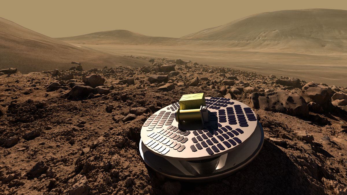 An Illustration of SHIELD​: An illustration of SHIELD, a Mars lander concept that would allow lower-cost missions to reach the Red Planet’s surface by safely crash landing, using a collapsible base to absorb the impact. Credits: California Academy of Sciences. Download image ›
