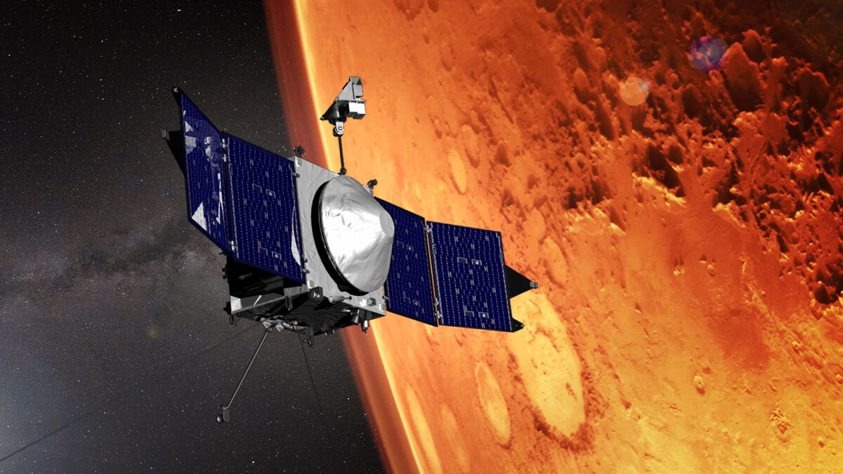 This illustration shows the MAVEN spacecraft and the limb of Mars.