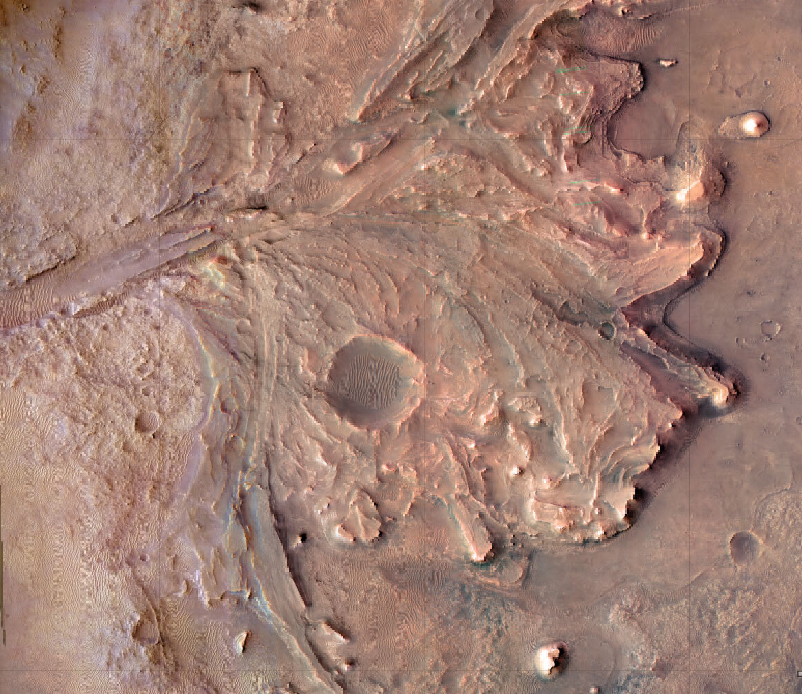 Close-Up of Belva Crater: This image from a map of Jezero Crater shows the area NASA’s Perseverance Mars rover is currently exploring, including Belva Crater, just below the center of the image. Credits: NASA/JPL-Caltech/University of Arizona/USGS-Flagstaff/JHU-APL. Download image ›