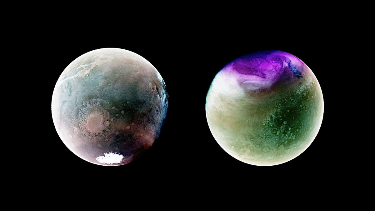 NASA’s MAVEN (Mars Atmosphere and Volatile EvolutioN) mission acquired stunning views of Mars in two ultraviolet images taken at different points along our neighboring planet’s orbit around the Sun.