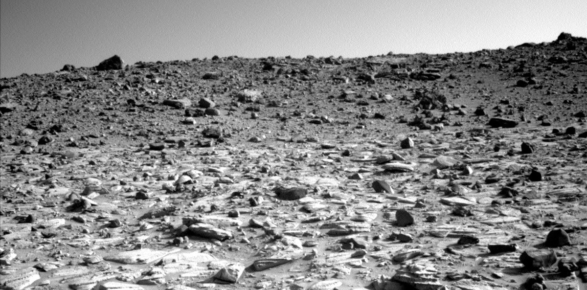 This Left Navcam image shows a tonal difference between lighter coloured rocks at the base of the image and darker rocks in the upper half of the image.