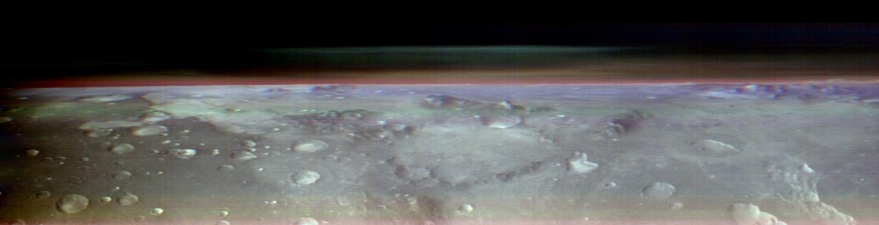 This unusual view of the horizon of Mars was captured by NASA’s Odyssey orbiter using its THEMIS camera, in an operation that took engineers three months to plan.