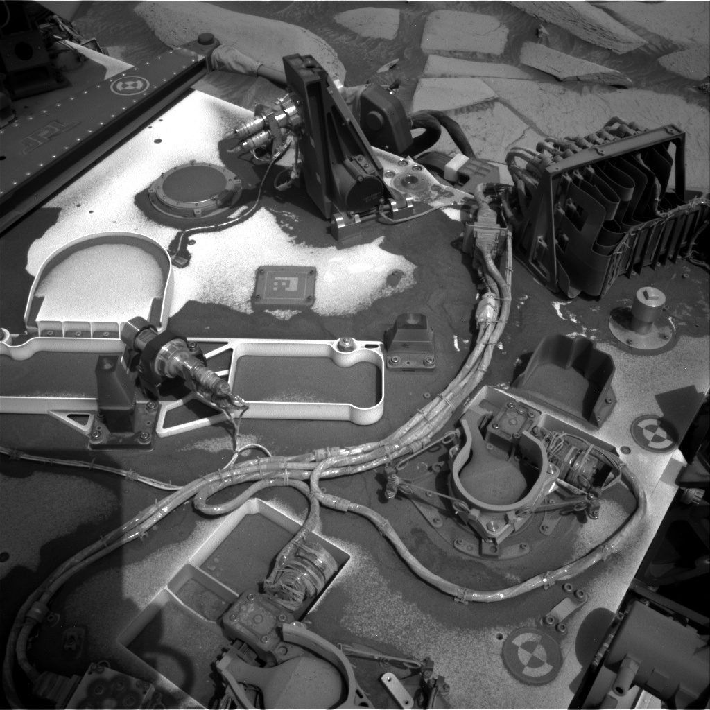 A Navcam image of the rover deck, showcasing the amount of dust that has gathered since Curiosity landed on Mars in 2012. 