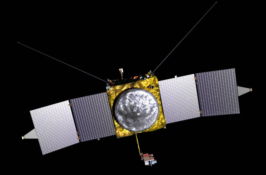 This is an artist's concept of the MAVEN spacecraft, showing the wedge-shaped "diving boards" that hold the Magnetometers at both ends of the solar arrays.