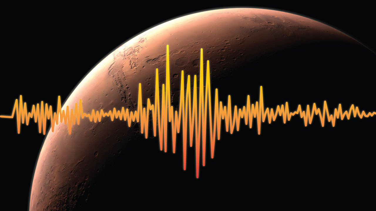 An artist's rendition of Mars, highlighting one of InSight's goals -- to figure out just how tectonically active Mars is today and how often meteorites impact it.