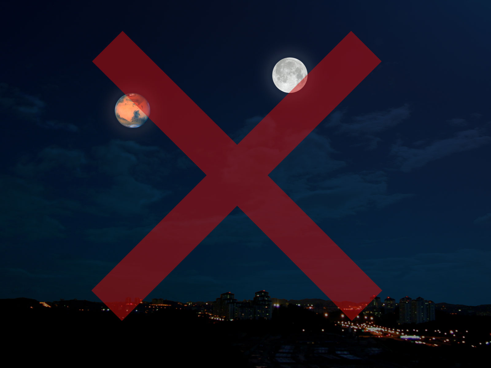 Don't be fooled by the Mars Hoax. The message is that Mars will look as big as the Moon in our night sky. If that were true, we'd be in big trouble given the gravitational pulls on Earth, Mars, and our Moon!