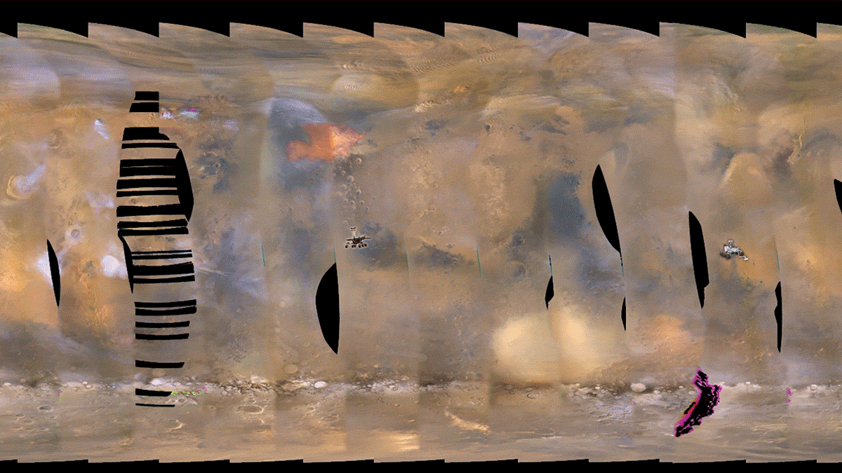 Flat map of Mars with dust moving across it and covering the surface