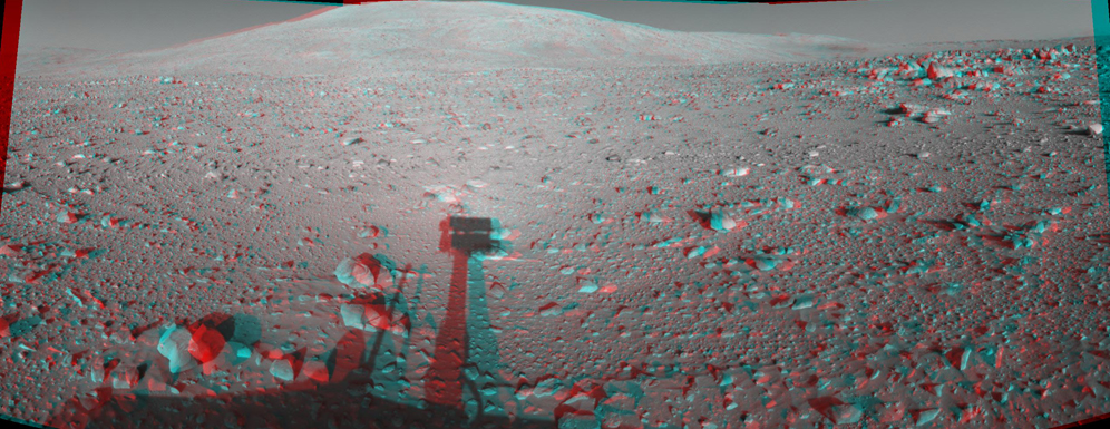 This cylindrical-perspective stereo mosaic was created from navigation camera images acquired by NASA's Mars Exploration Rover Spirit during Spirit's sol 153