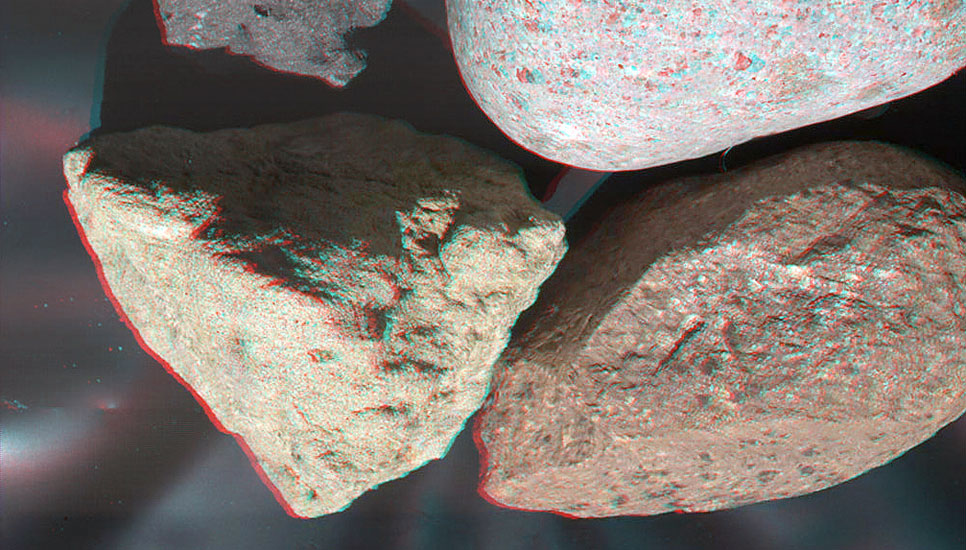 This stereo view of terrestrial rocks combines two images taken by a testing twin of the Mars Hand Lens Imager (MAHLI) camera on NASA's Mars Science Laboratory.