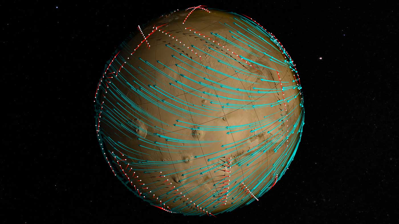 Computer-generated visualization of the orbital paths (white dots) taken by the MAVEN spacecraft as it mapped winds (blue lines) in the Martian upper atmosphere.