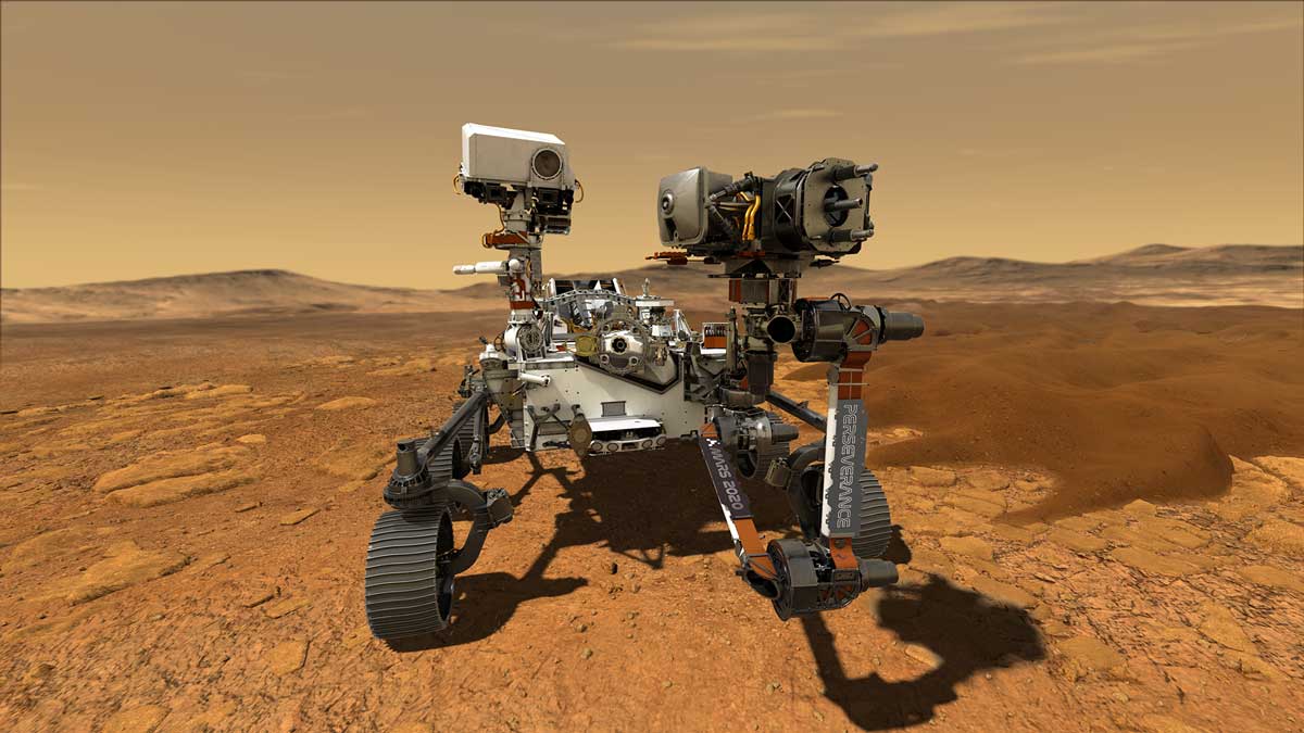 This illustration depicts NASA's Perseverance rover operating on the surface of Mars. Perseverance will land at the Red Planet's Jezero Crater.