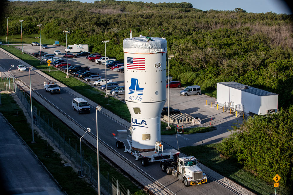 the Centaur upper stage being transported by a big truck