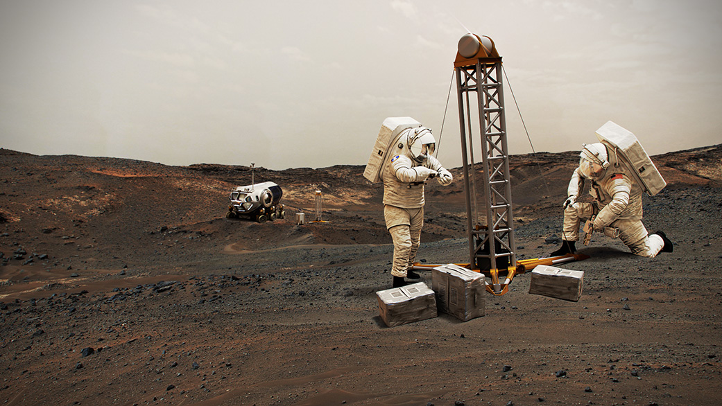 In this artist’s concept, NASA astronauts drill into the Martian subsurface. 